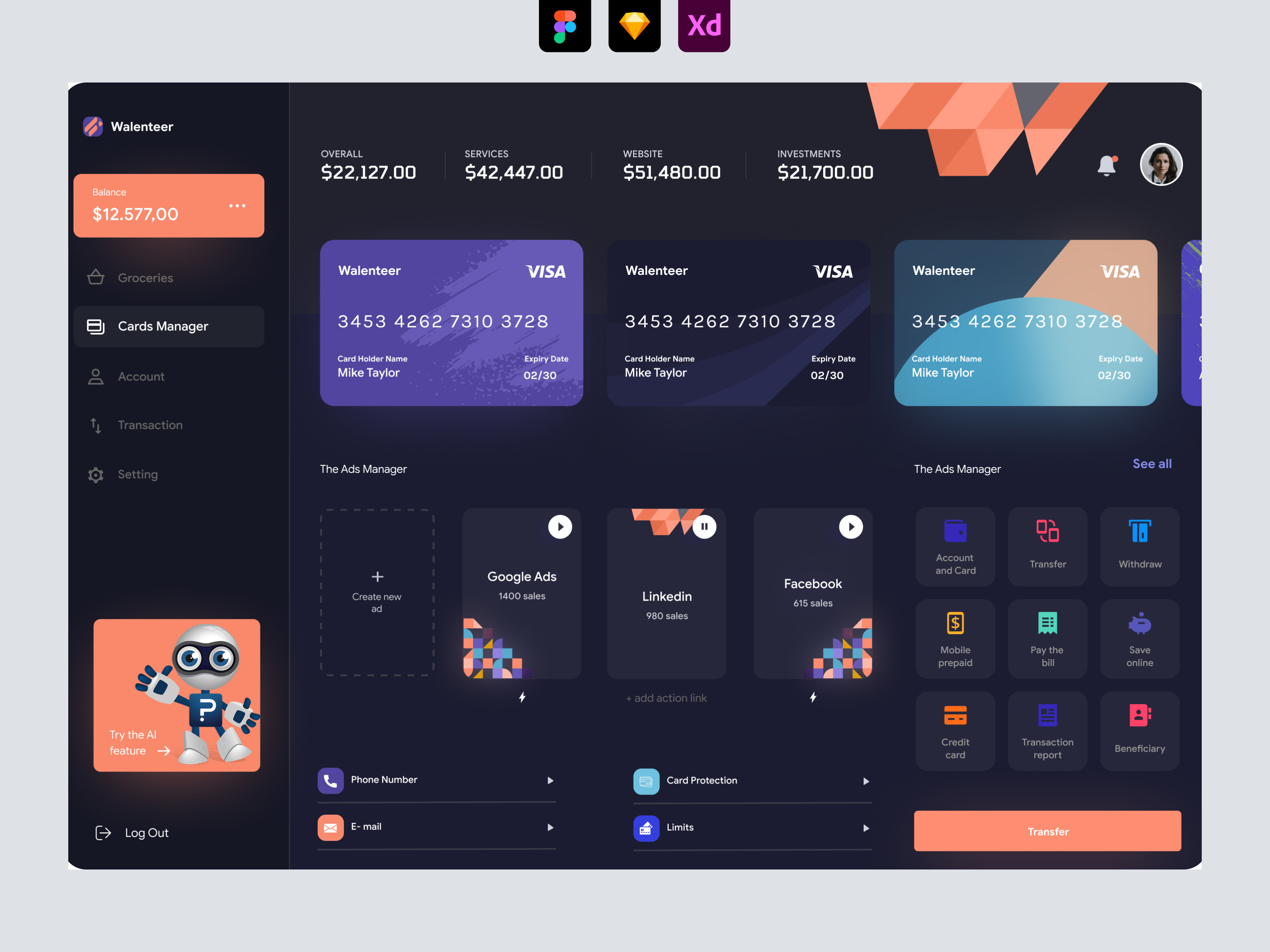 Personal Wallet Dashboard UI - Dark UI