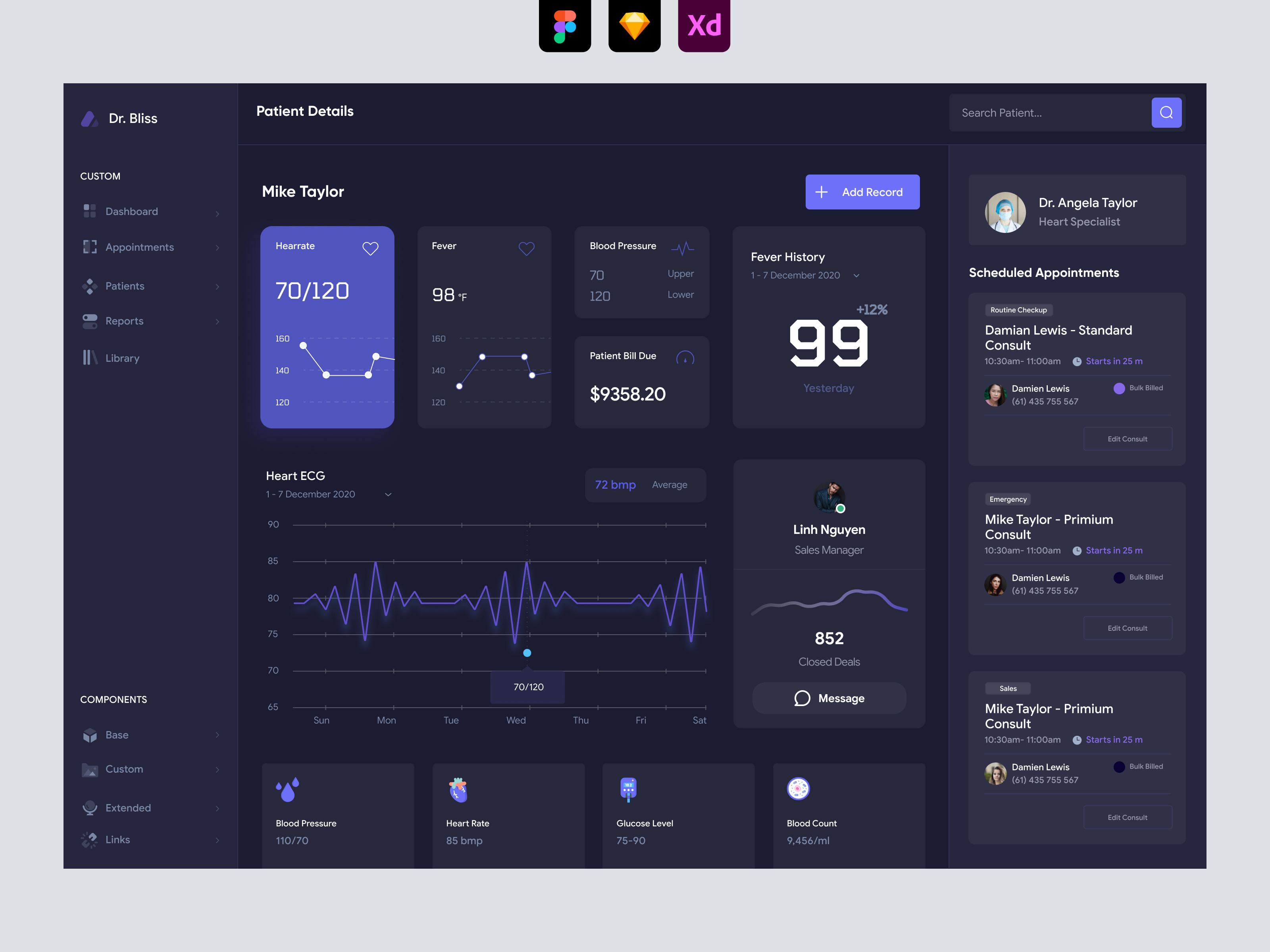 Patient Management Dashboard UI - Dark UI