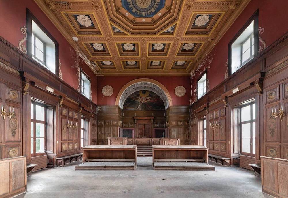 Interior of an abandoned Romanesque church.