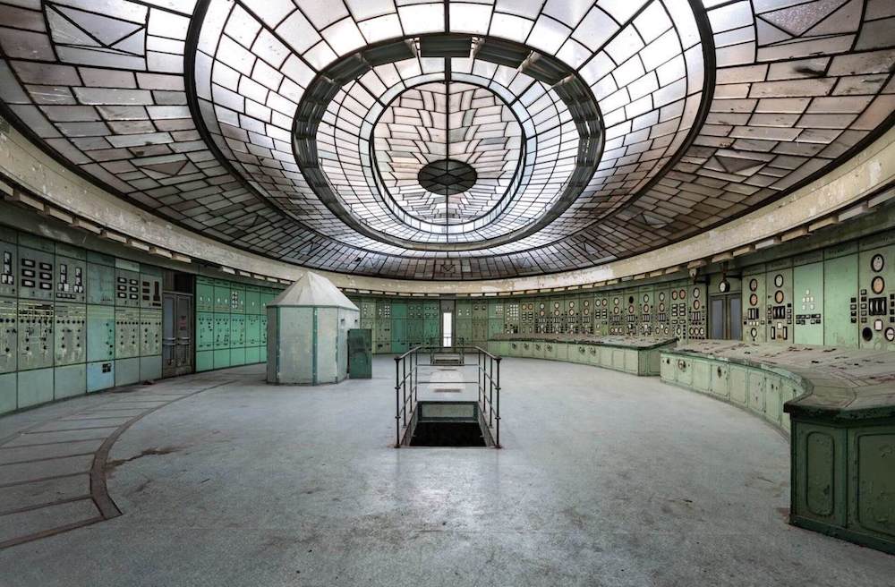 Interior of an abandoned control room.