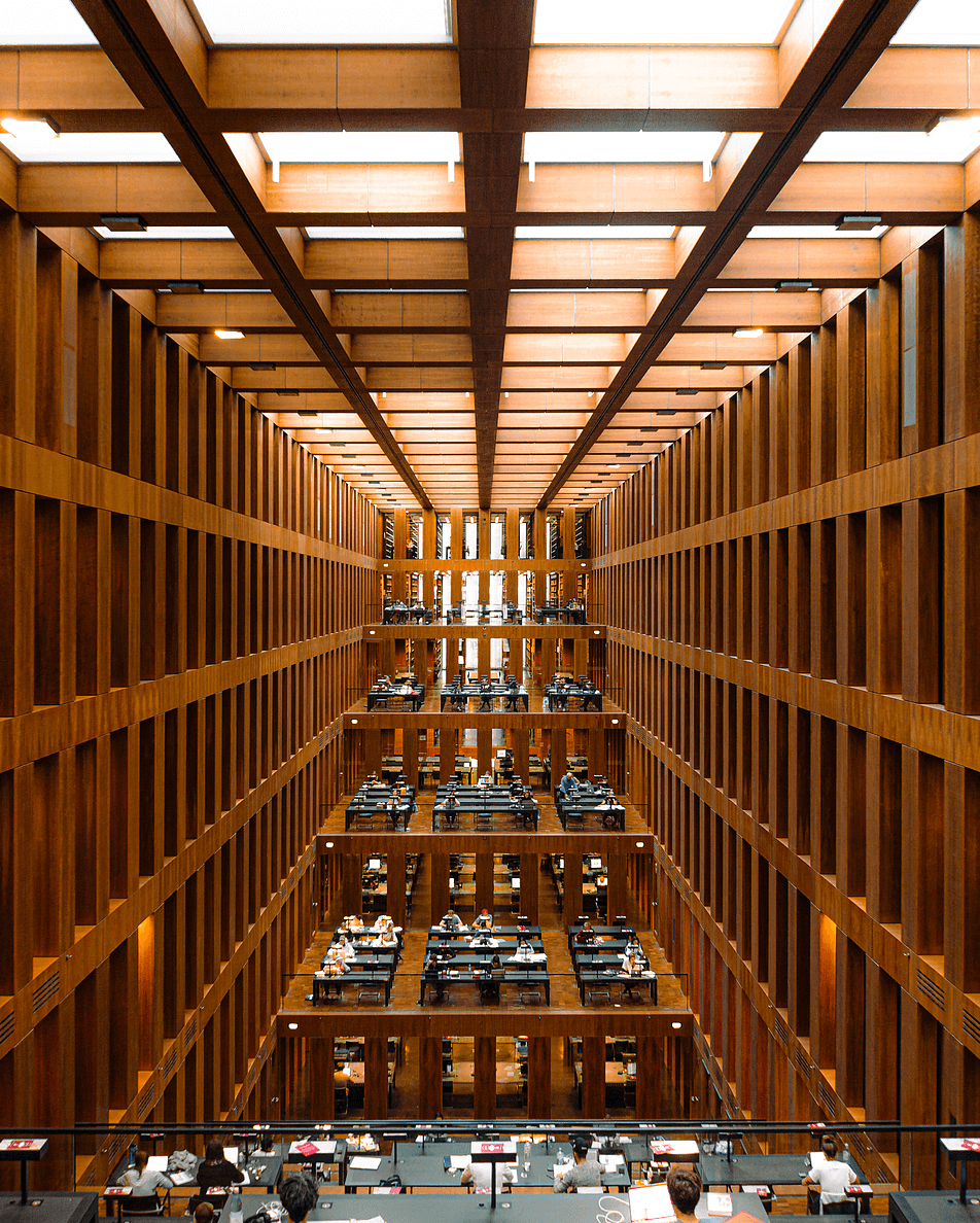 Interior of a library, symmetric architecture, minimalist architecture