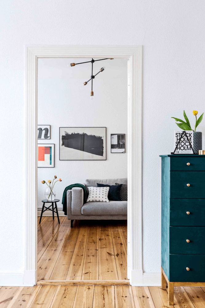 Second living room of a minimalist apartment for rent for your next film production in Berlin, Germany. Minimalist and unique interior design