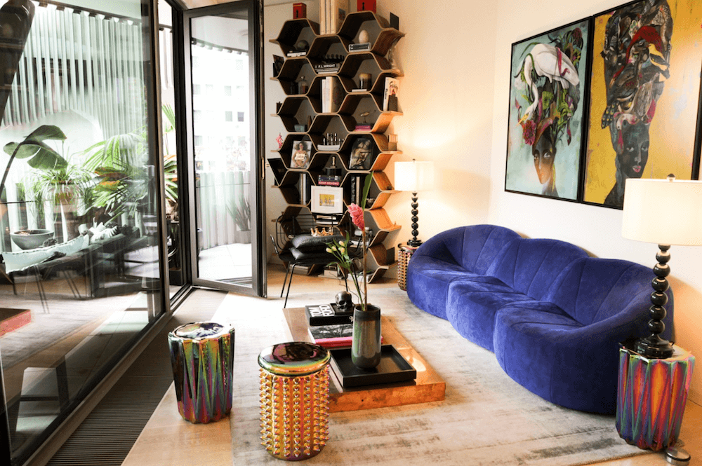 Living room of a modern design apartment in architect building, available to rent as a film location in Berlin, Germany.