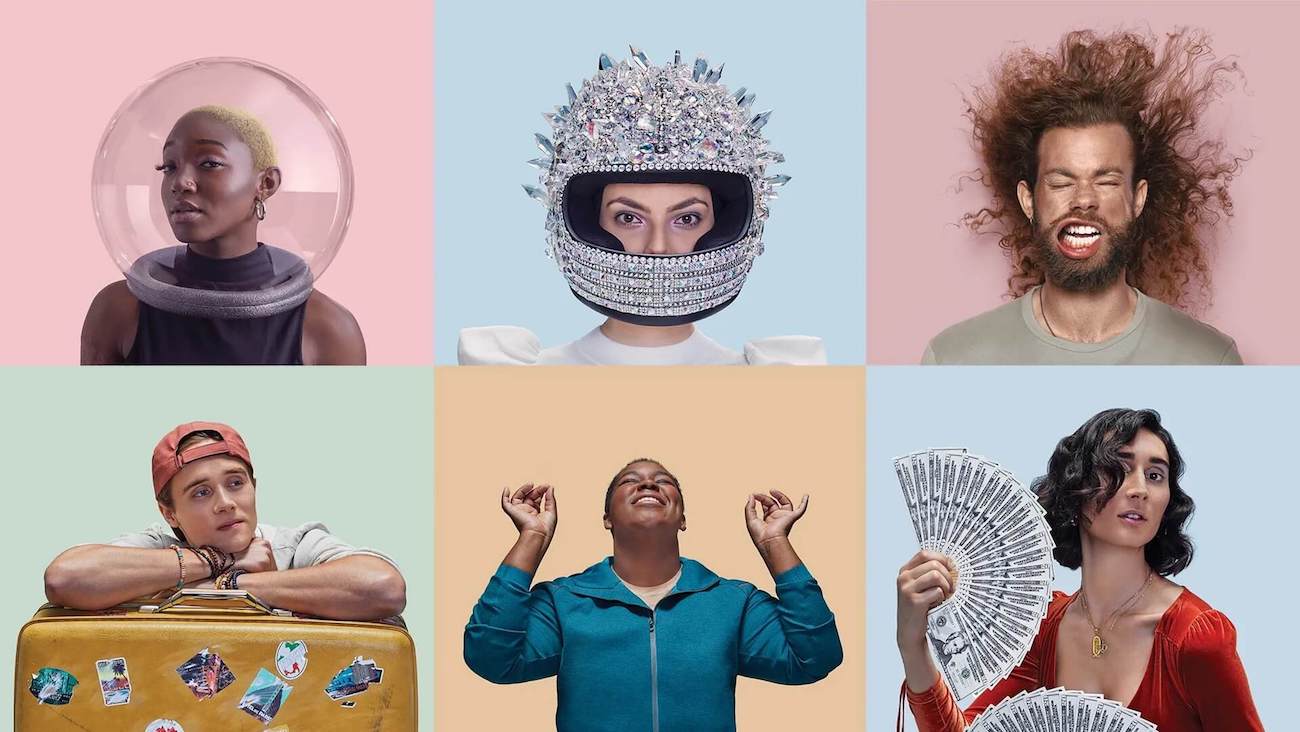 Collage of multiple portraits with a pastel background, by N26.