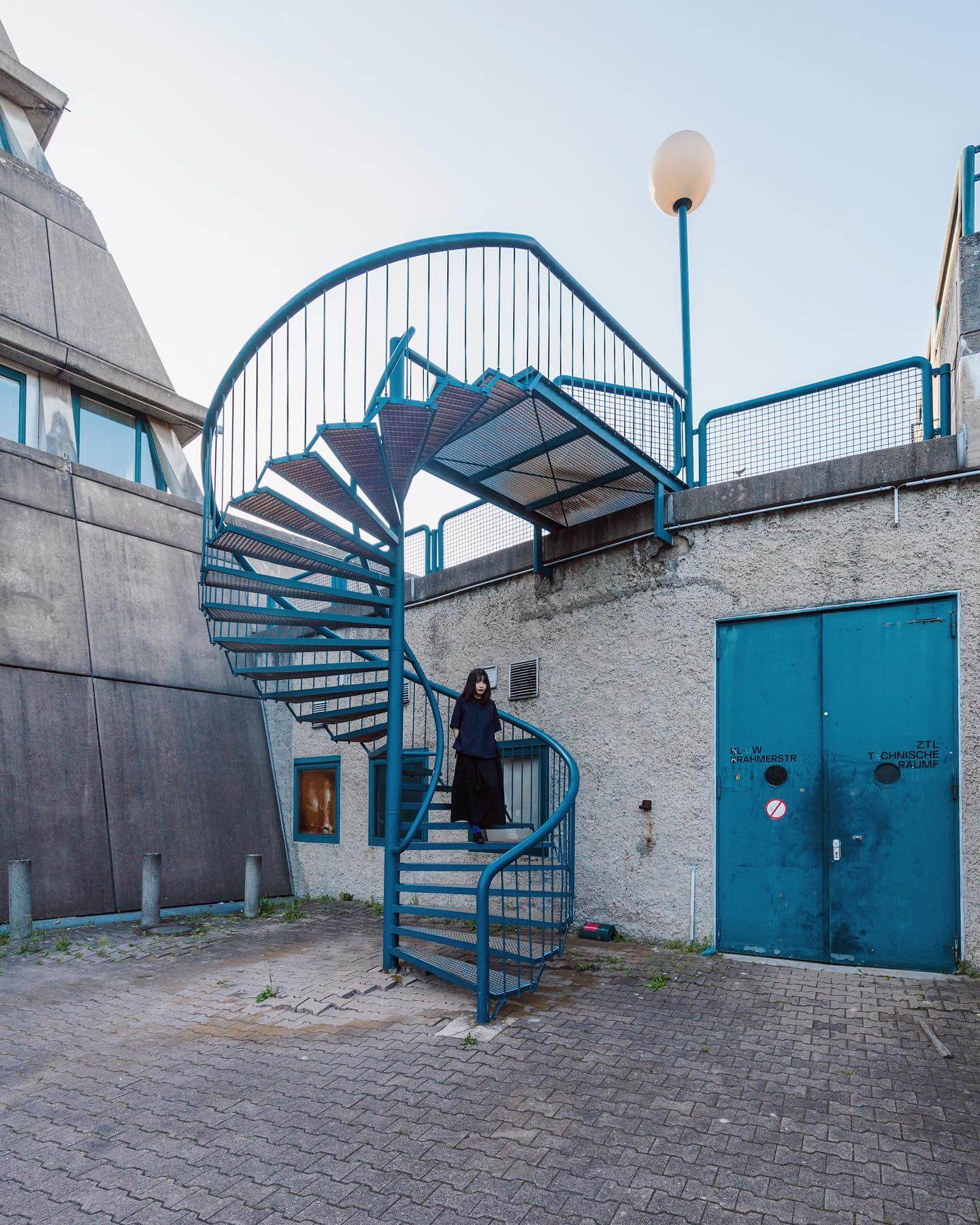 Brutalism architecture, blue stairs