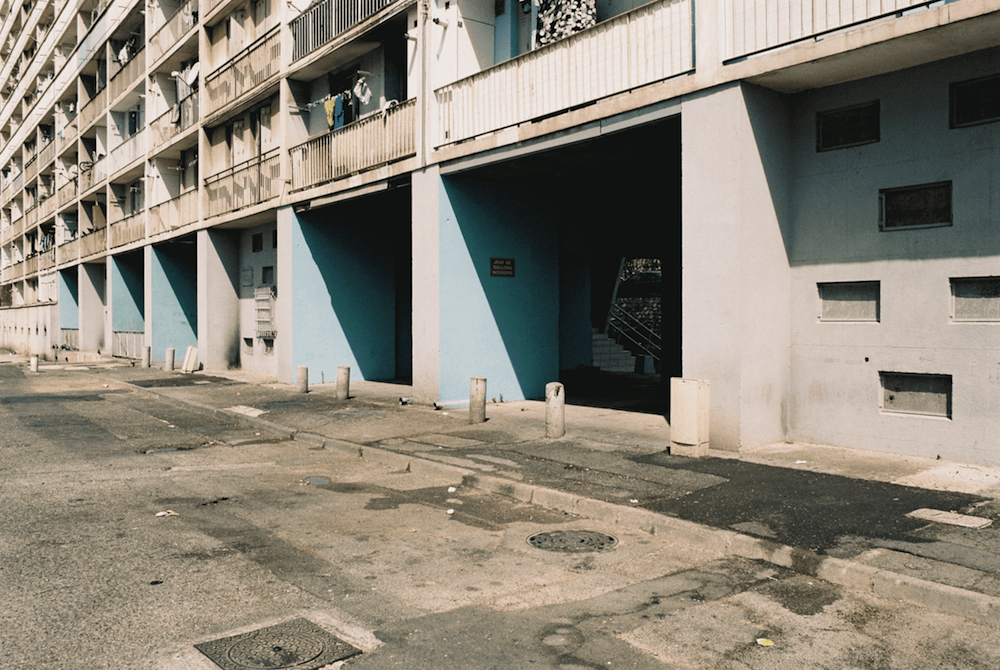 An apartment complex photographed with an analogue camera.