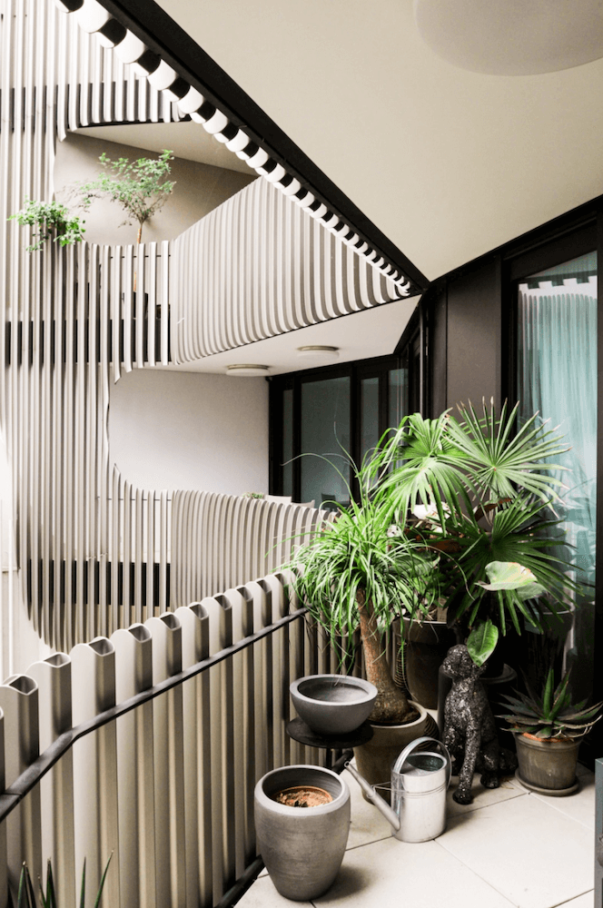 Balcony of a modern design apartment in architect building, available to rent as a film location in Berlin, Germany.