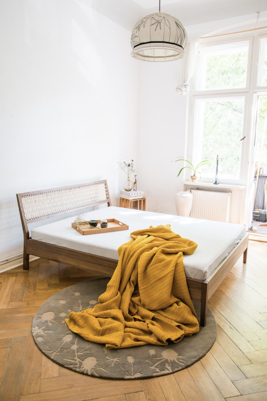 Bedroom of a scandinavian apartment available for rent for your next shooting in Berlin, Germany. Original and unique interior design and style, very bright for photoshoot