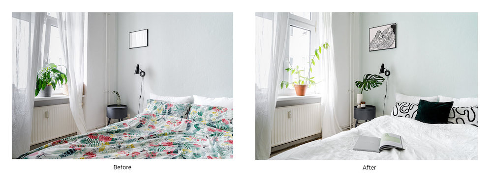 Before and after of a styled room for a photoshoot, by a set designer.