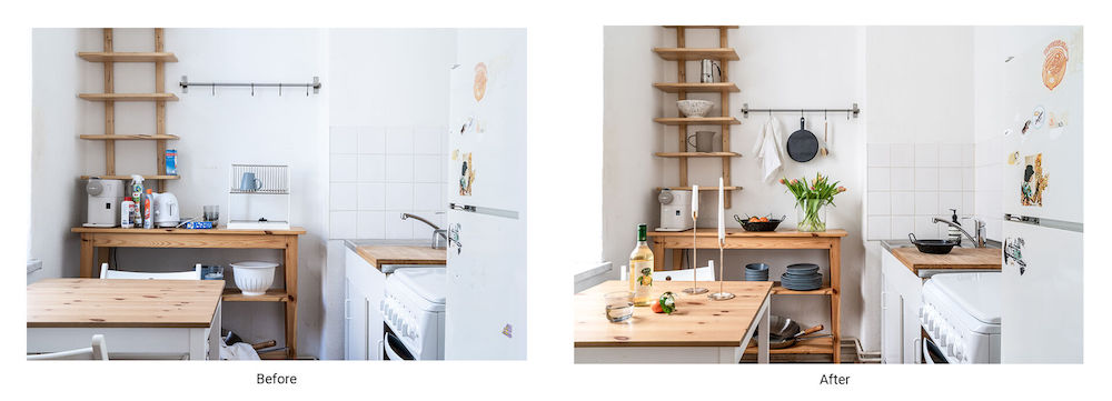 The before and after of a styled kitchen for a photoshoot, by a set designer.