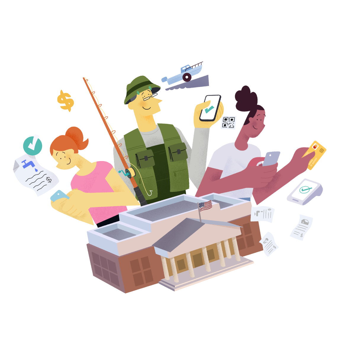 A municipal building featuring three characters: a caucasian women holding a cellphone and a utility bill. An older fishermen pointing his cellphone at a QR code to get a boating permit. A woman of color pointing her card to a card reader to pay, while holding her cellphone.