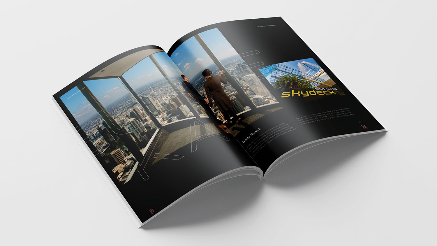 A booklet spread on a white background