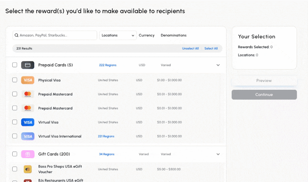 A .gif showing Tremendous' updated rewards cataolog user interface.