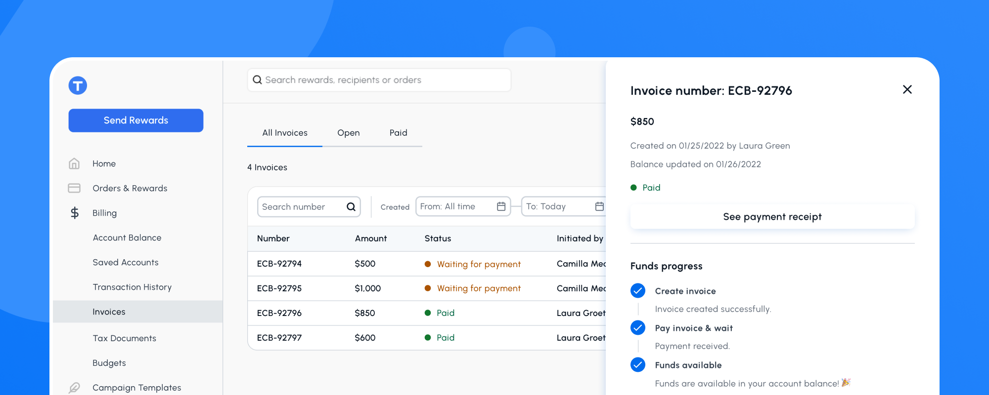 An image of the updated invoicing features within the Tremendous platform.