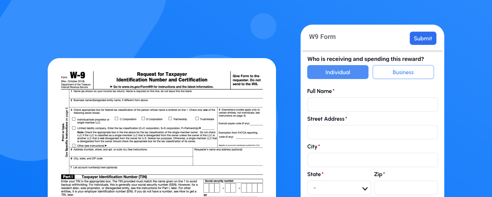 An image of the W-9 form collection process within the Tremendous platform.