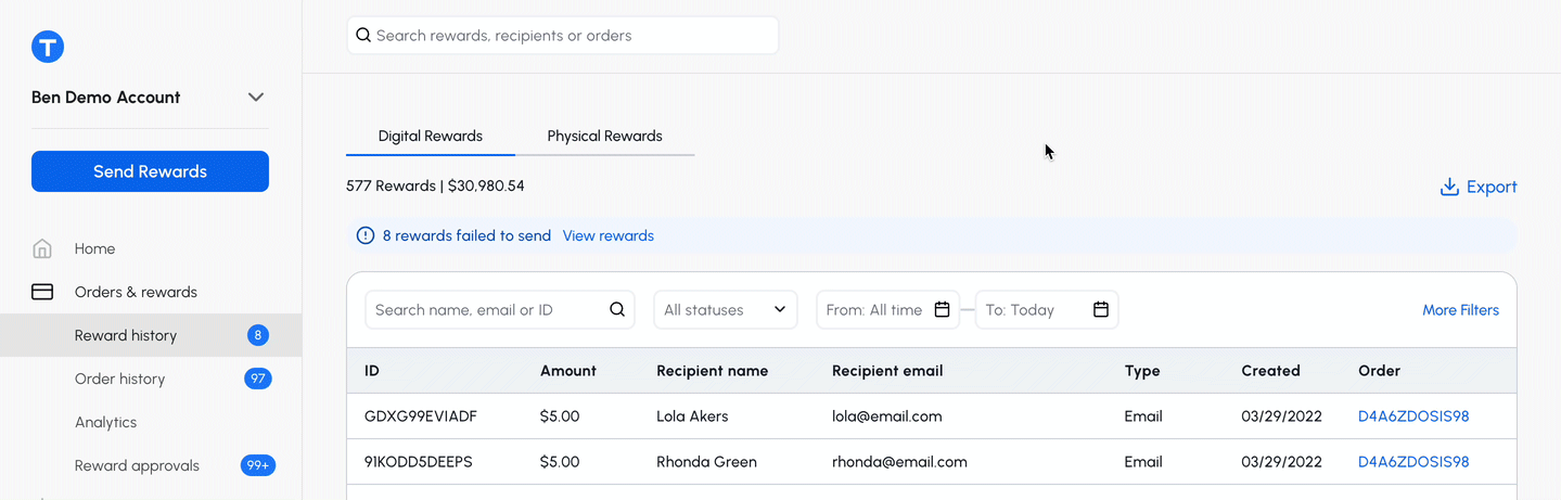 A .GIF of a user looking through their history of past payouts on the Tremendous platform.