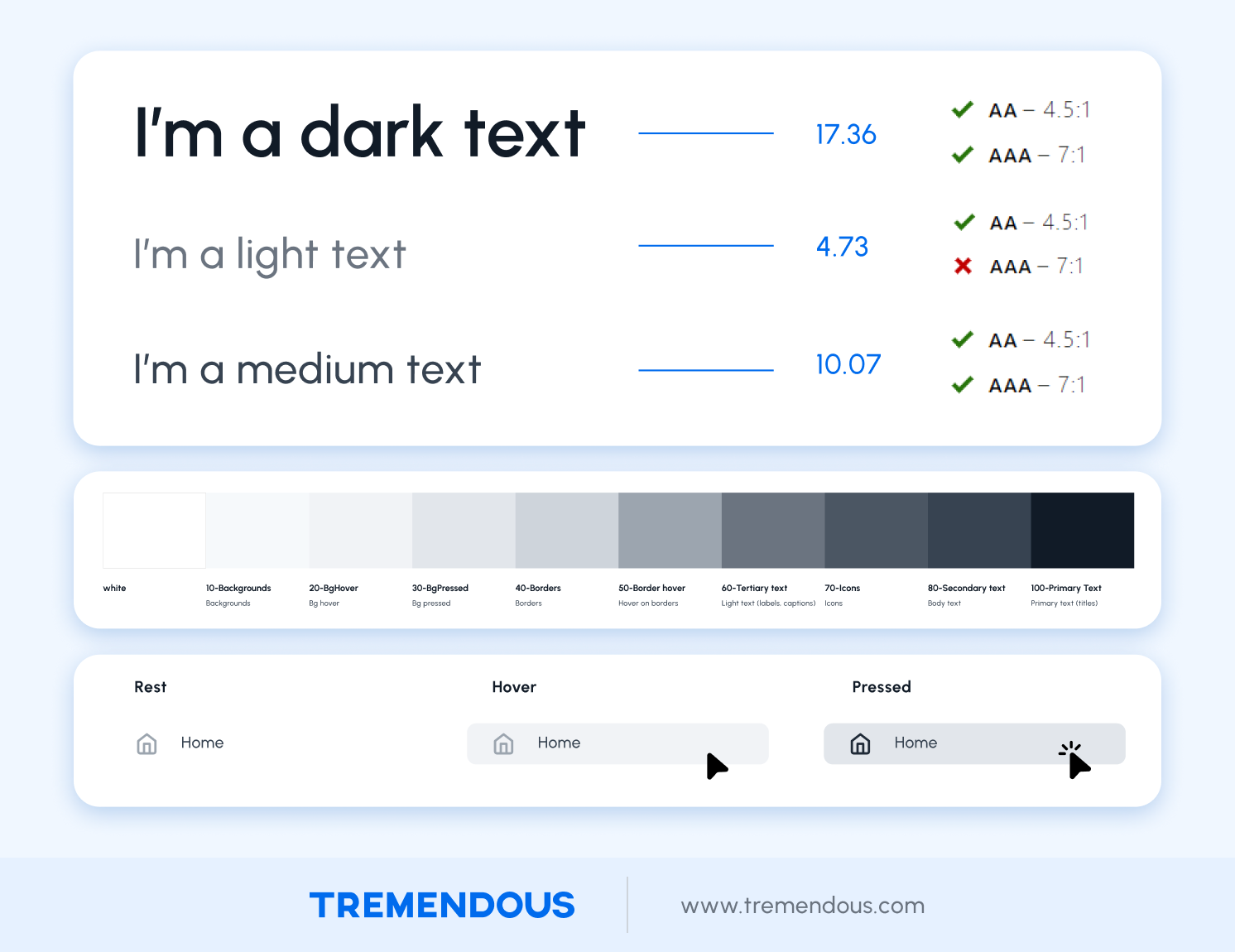 A graphic showing the update color contrasts on the Tremendous platform.