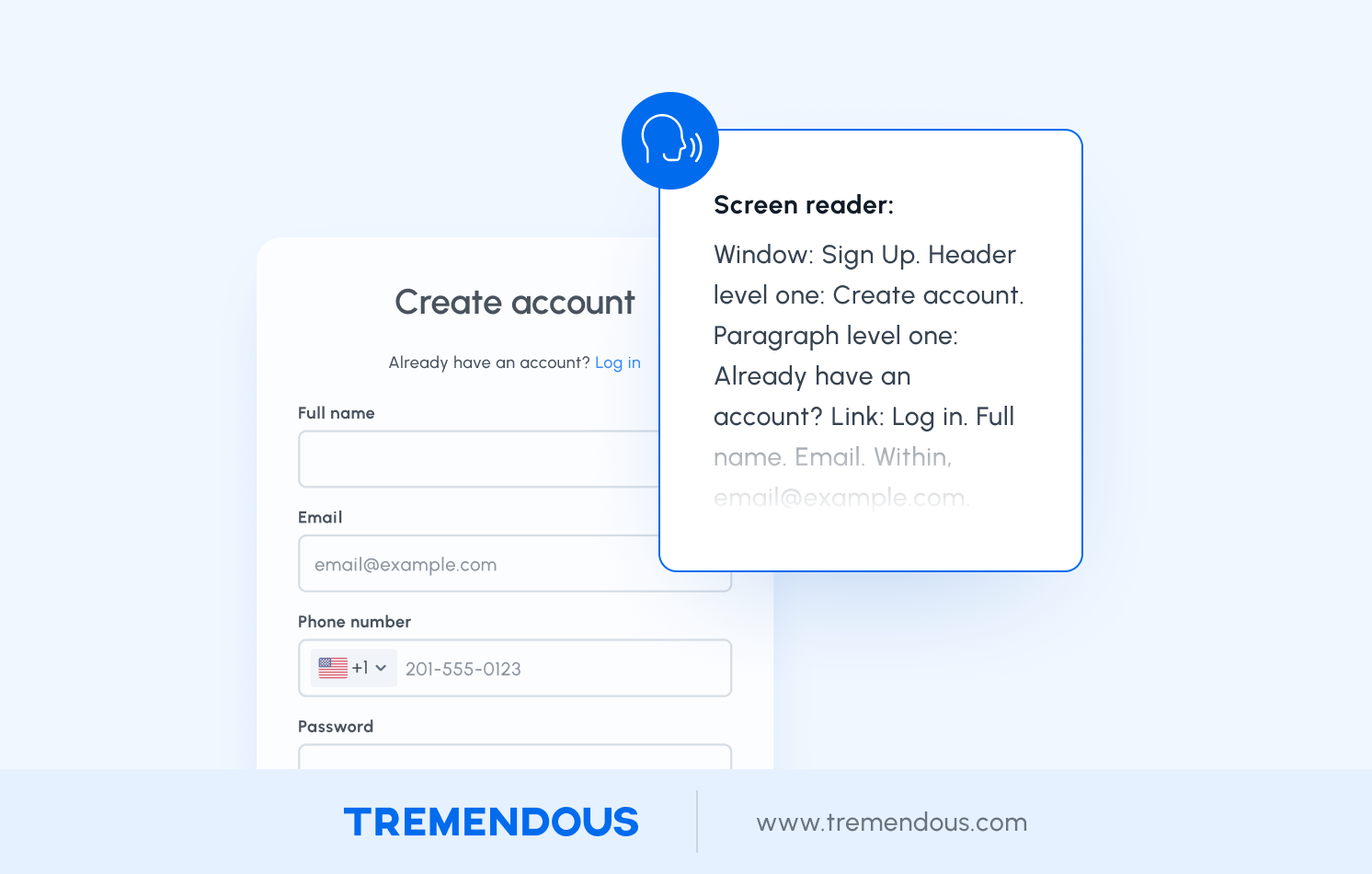 A graphic showing a "create an account" form and displaying how that form would be interpreted by a screen reader.
