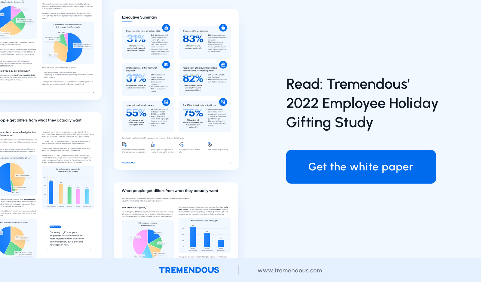 A sneak peak at the Tremendous 2022 Employee Holiday Gifting Study, showing several pages with tables, graphs, and stats about employee gifting.