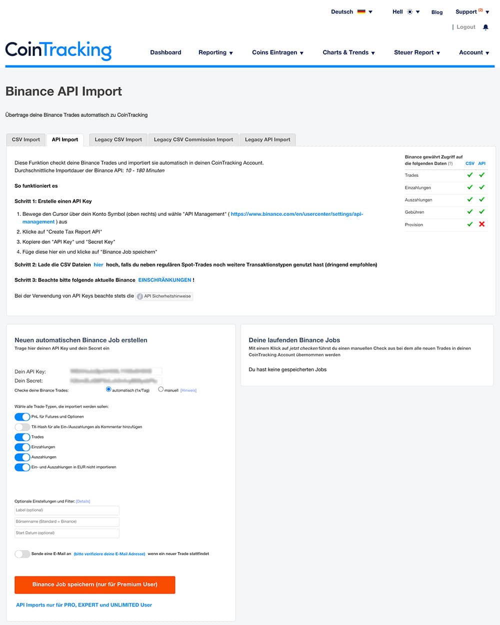 Binance API Key auf Cointracking eintragen