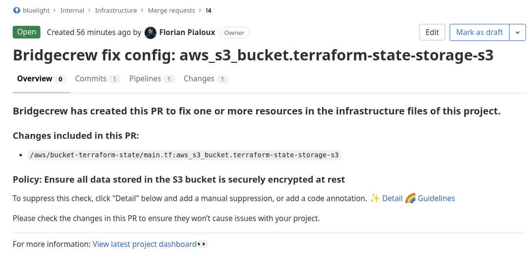 Main View of the Pull Request triggered by Bridgecrew to fix in incidents shown on the Scan Menu