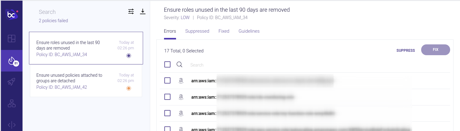 Scan Menu in Bridgecrew App main dashboard showing an incident