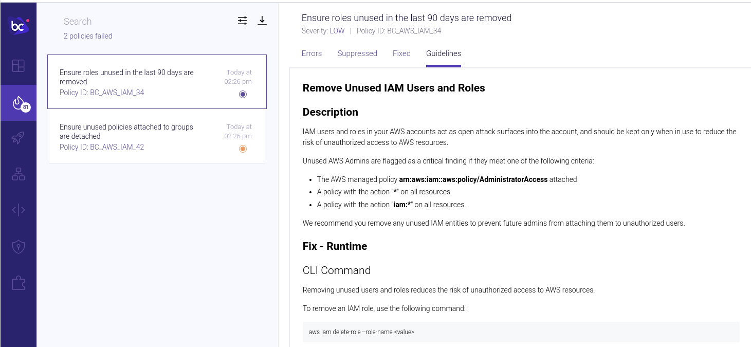 Scan Menu in Bridgecrew App main dashboard showing an incident