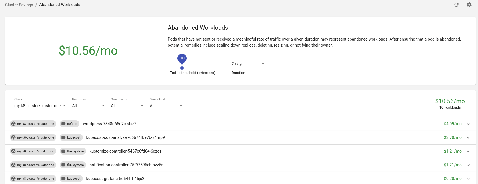 Kubecost Abandoned Workloads Menu Main View