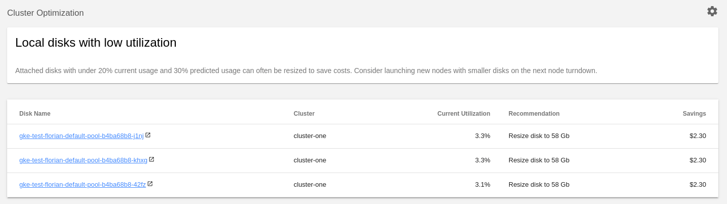Kubecosts Local Disc with Low Utilization Menu Main View