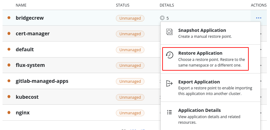 kasten kubernetes application restore menu
