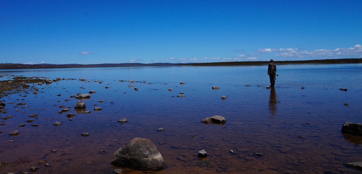 man standing in clear waters trout fishing in nineteen lagoons Tasmania