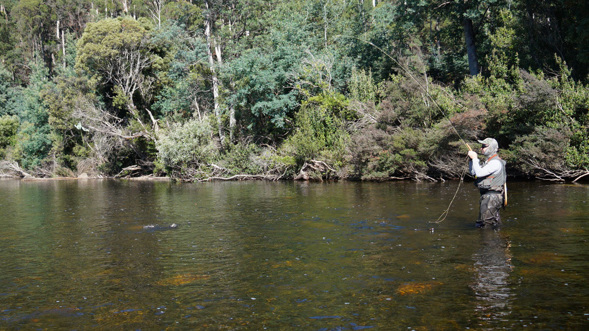 man in fishing gear standing in tasmanian lake