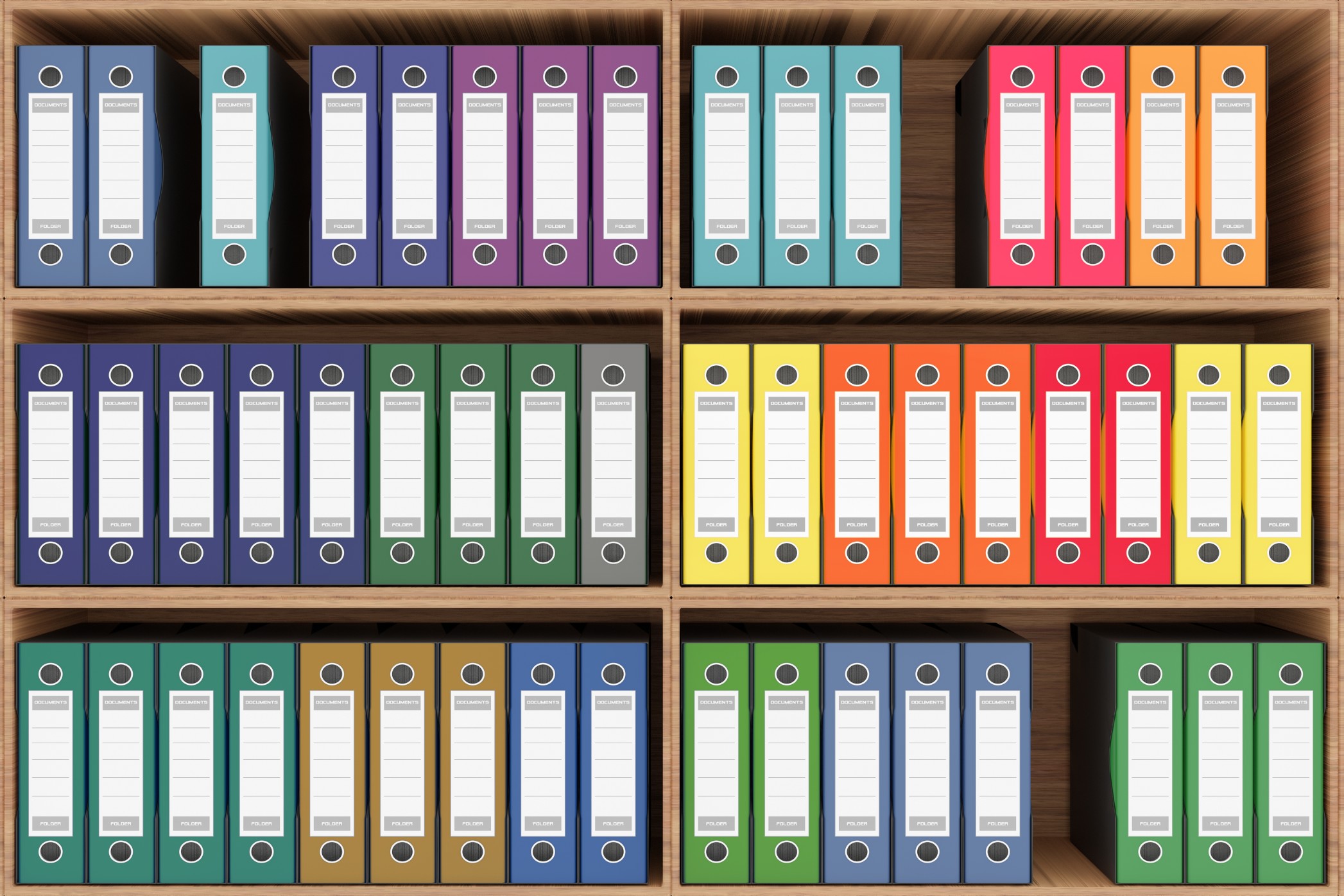 Six shelves full of colorful binders. The DUNS Number database is global and identifies nonprofits as well as for-profit entities.