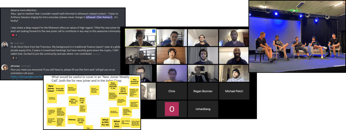 Collage of images showing life at the Indexcoop. Images include a Discord chat stream, post-it note board, a video call, and a panel of speakers.