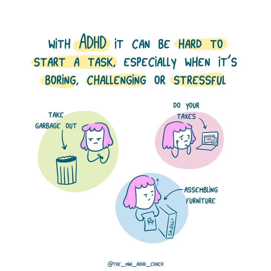 with ADHD it can be hard to start a task, especially when it's boring, challenging or stressful
