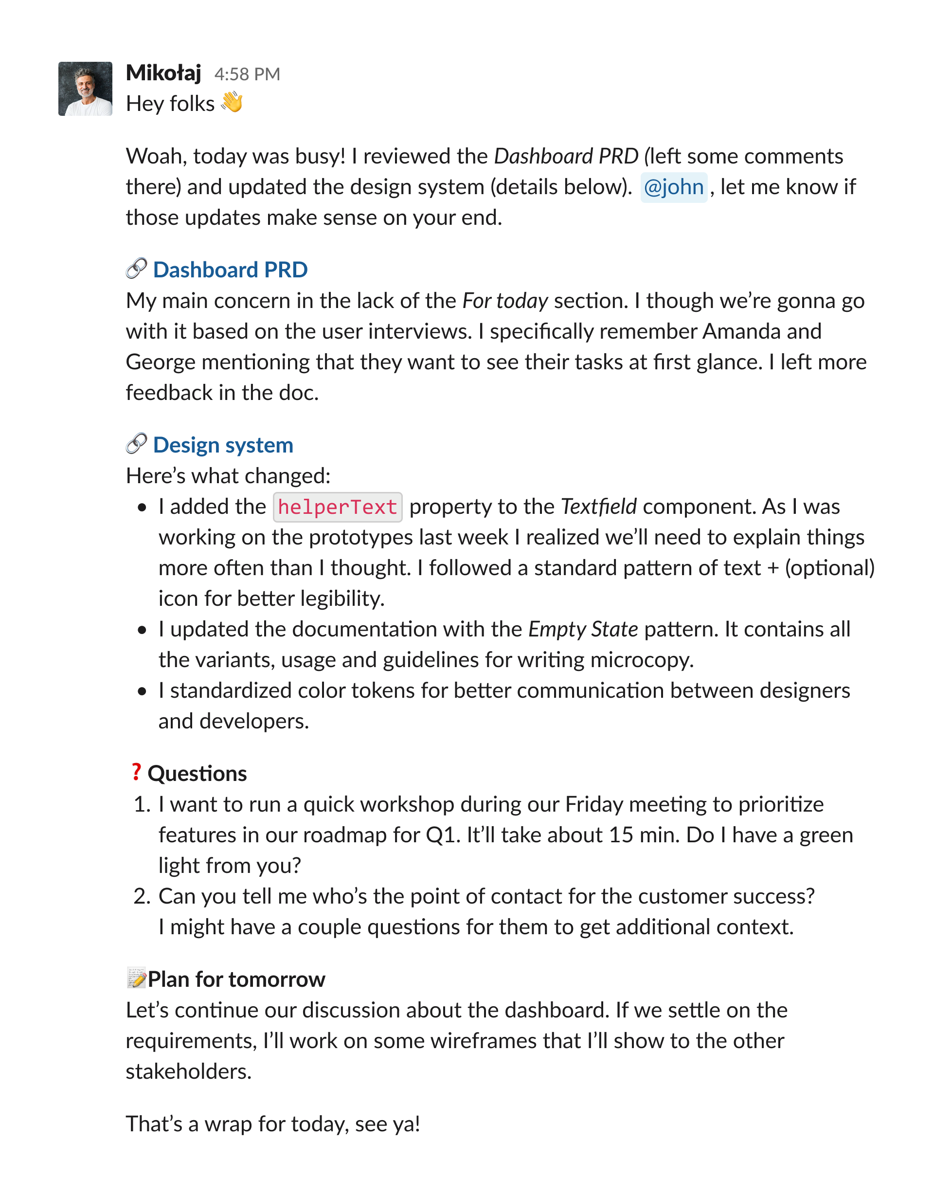 A screenshot of an example status update message on Slack.
