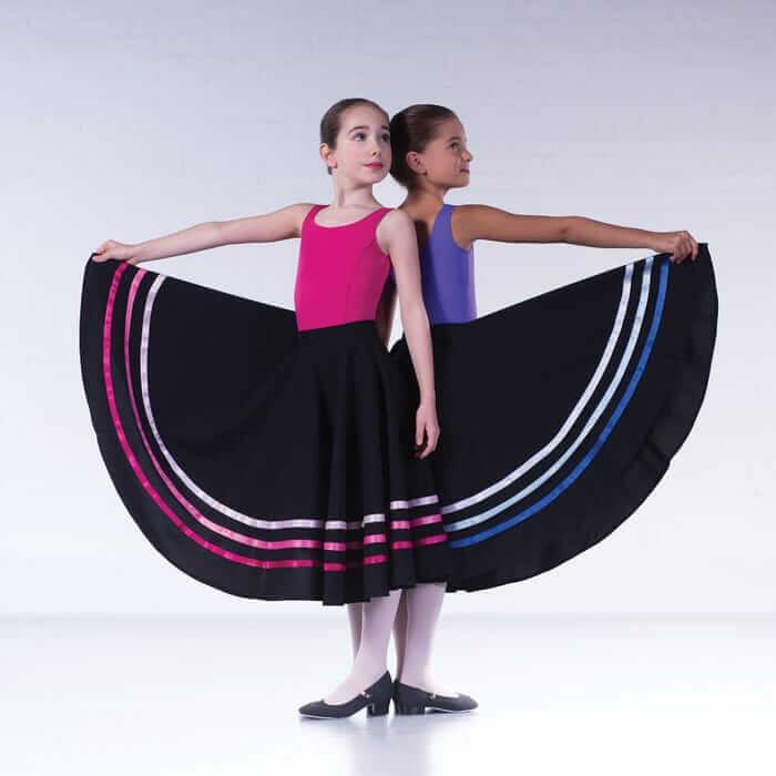 Two girls demonstrate wearing the junior character skirt