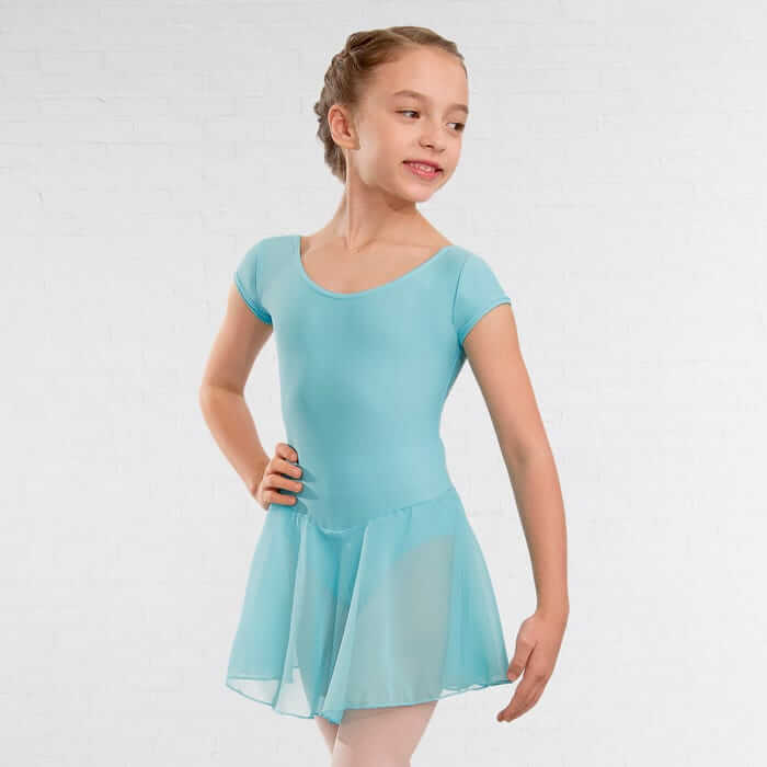 A girl demonstrating the blue tots and infant leotard