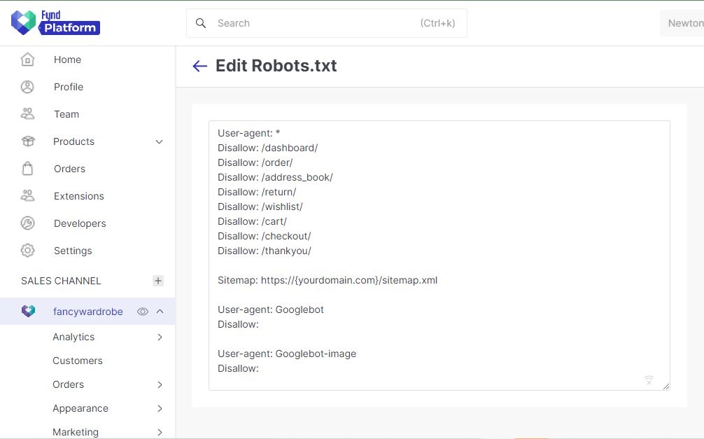 Edit Robots.txt page of Fynd Platform.
