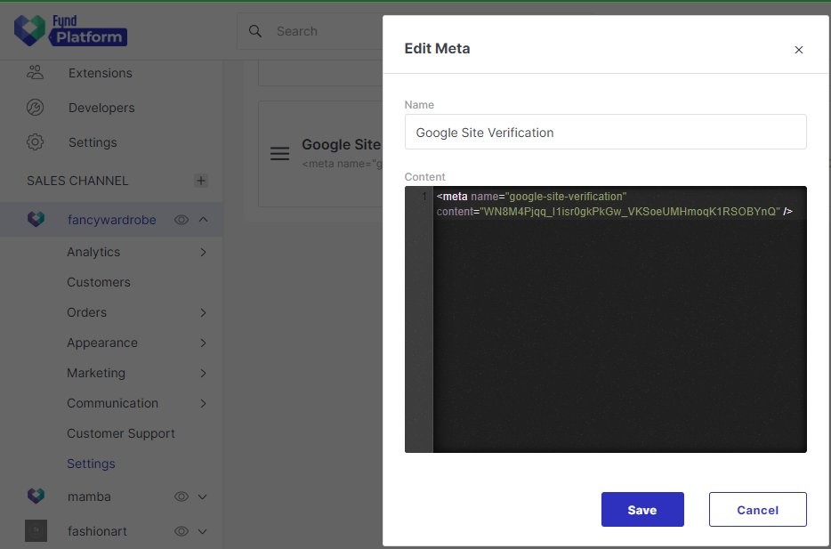 Adding custom tags for site verification.