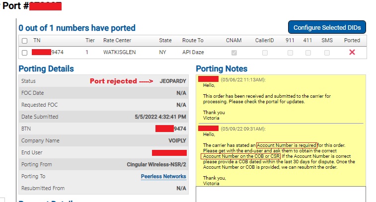 Number porting rejected due to incorrect account number