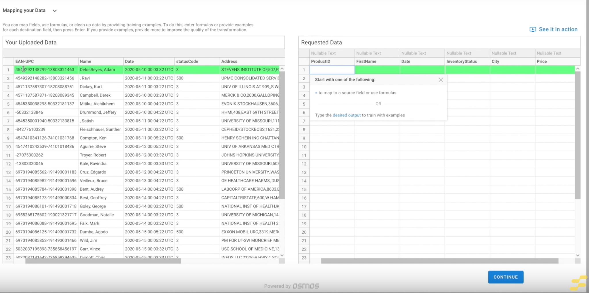 side-by-side view of the uploaded data