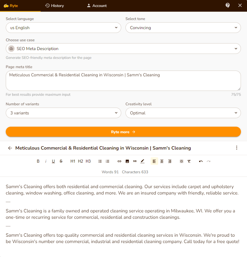 Rytr SEO Meta Description Use Case