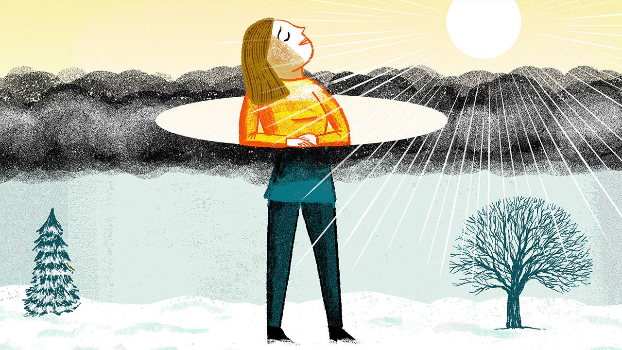 A drawing that shows a woman with Seasonal Affective Disorder as being sad in the winter and happy in the summer.