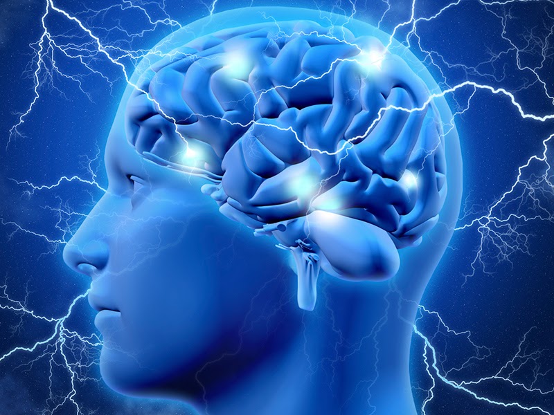 Blue CGI head and brain with electricity striking the brain