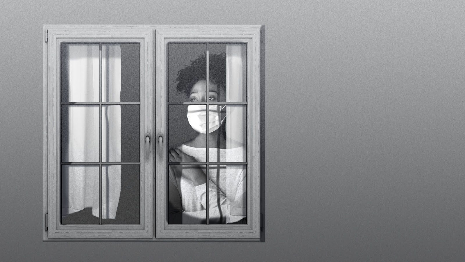 A woman wearing a mask looks out at the world through a window.