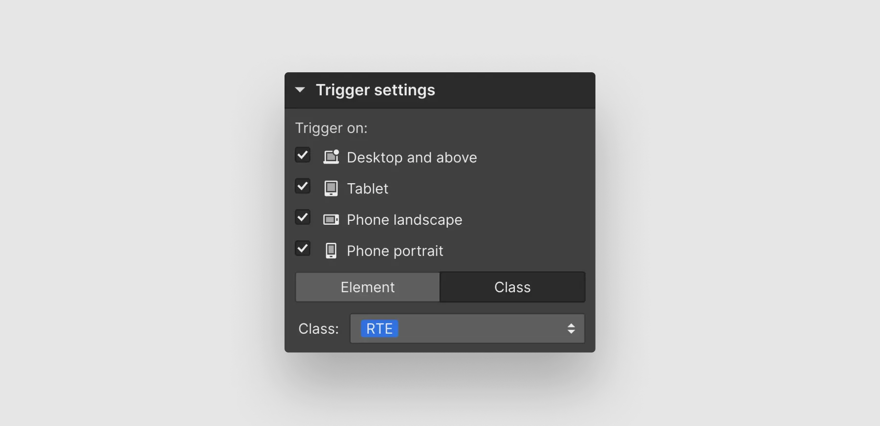 Part of Webflow UI showing an interaction trigger settings