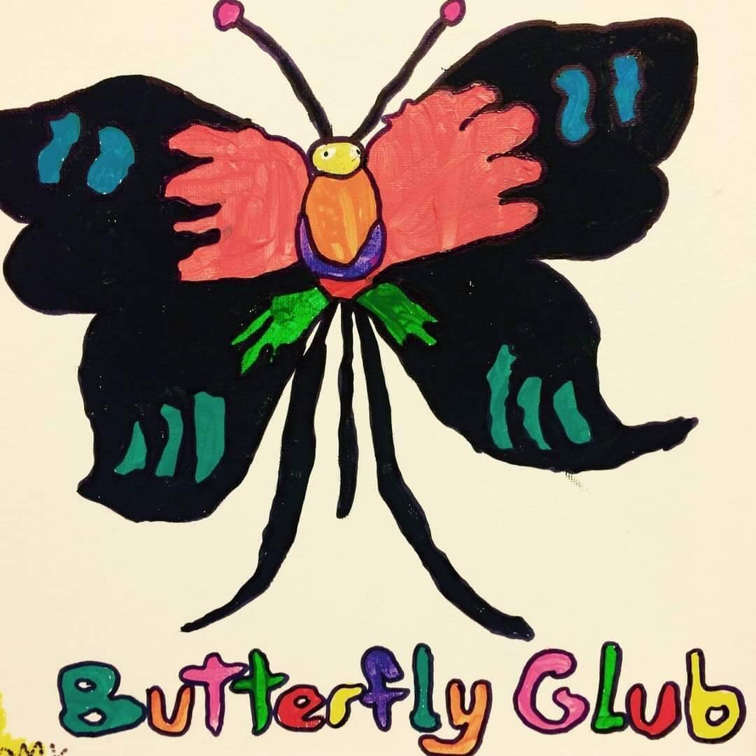 Drawing of a butterfly with the words "butterfly club" below