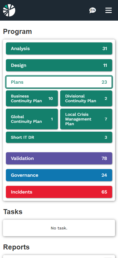 ParaSolution's plans pane opened on the dashboard page