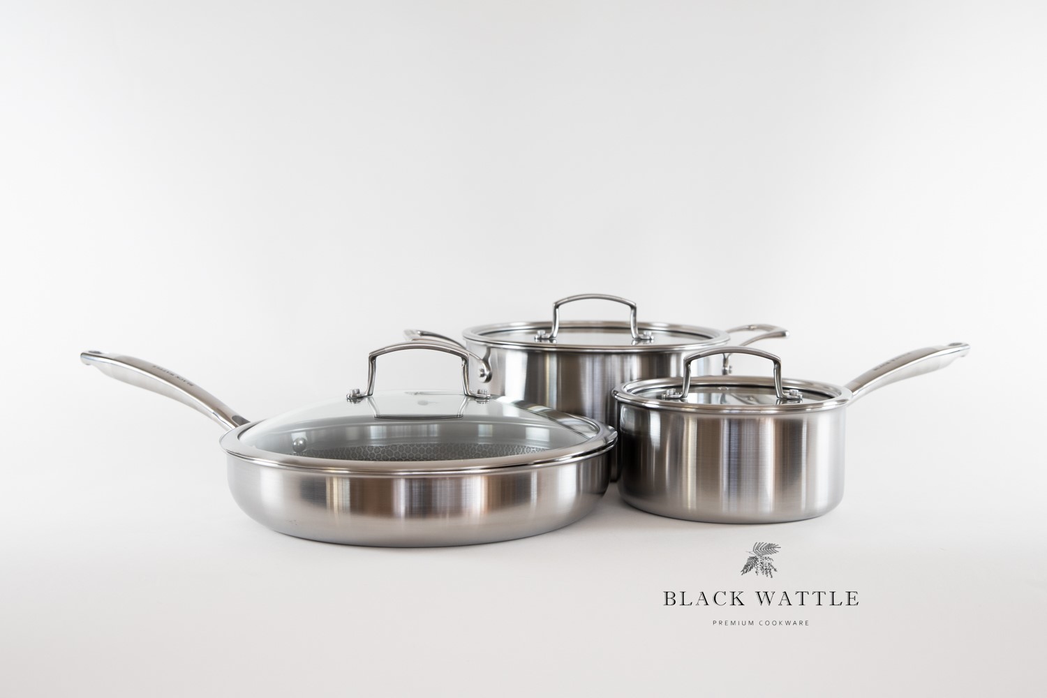 3pc Tri Ply Stainless Steel Cookware Set with Tempered Glass Lids Black Wattle Cookware